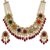 Gold Navratna Pachlada Necklace Set with Glass-Filled Emerald & Ruby