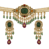 Handcrafted Polki & Carved Emerald Choker Set
