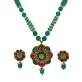 Emerald & Ruby Glass-Filled Polki Diamond Pendant Set with Beaded Pearl Strings
