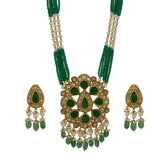 Vibrant Emerald & Polki Diamond Heritage Pendant Set in Multi-Strand Pearls