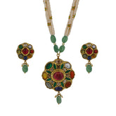 Navratna Gold Pendant Set with Natural Syndicate Polki & Multi-Strand Pearls