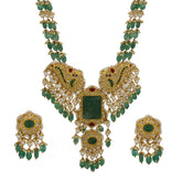 Gold Natural Polki Diamond Pendant Set with Carved Emerald Glass & Pearl Bead Strings