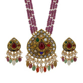 Regal Navratna Moissanite Pendant Set in Glass Ruby & Pearl Strings