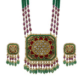 Polki Square Pendant Set with Ruby & Emerald Glass-Filled Beads
