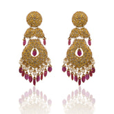 Long Polki Diamond & Ruby Chandbaali Earrings