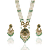 Long Polki Diamond and Green Stone Pendant Set