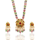 Multi-Color Gemstone Mala with Navratna Polki Pendant Set