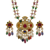 Gold Navratna Polki Diamond & Multi-Gemstone Stringed Pendant Set