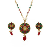 Intricate Floral Polki & Emerald-Ruby Pendant Set