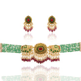 Gajraj' Polki & Emerald Beaded Choker Necklace Set