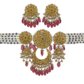 Natural Syndicate Polki Diamond Choker Set with Tanzanite Strings and Ruby Glass-Filled Beads