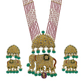 Polki Diamond & Enamel Elephant Pendant Necklace Set