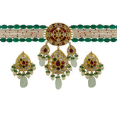 Traditional Navratna & Pearl Choker with Green Emerald Glass Beads