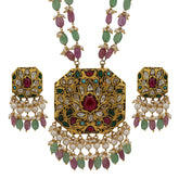 Handcrafted Polki & Multi-Gemstone Pendant Set with Emerald & Ruby Beads