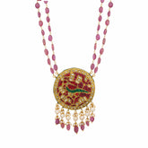 Gold Polki & Parrot Designed Pendant Necklace with Ruby and Pearl Tassels