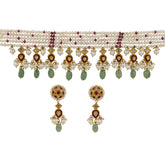 22KT Gold Polki Diamond & Pearl Choker Necklace Set with Emerald Beads