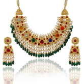 Gold Navratna Polki Diamond Choker Set with Pearl & Emerald Drops