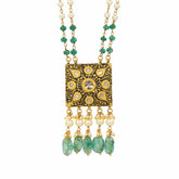 Gold and Polki Partash Work Pendant Necklace with Emerald Drops