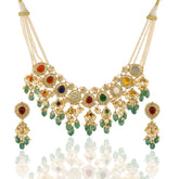 Gold Studded Polki Diamond and Nine Gemstone Chandelier Necklace Set