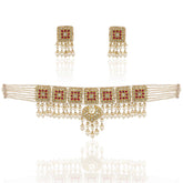Red Grace Bridal Polki Choker Necklace Set (91.6 Hallmark)