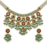 Royal Turquoise & Ruby Syndicate Polki Diamond Necklace Set in Gold with Seed Pearl Strands