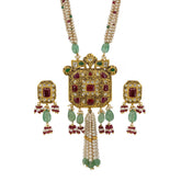 Traditional Syndicate Polki and Ruby Gold Pendant Set with Pearl Strings