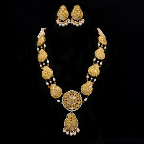 Gold Studded Natural Syndicate Polki Diamond & Stringed Pearl Long Necklace Set