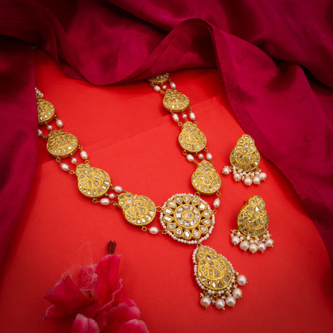 Gold Studded Natural Syndicate Polki Diamond & Stringed Pearl Long Necklace Set