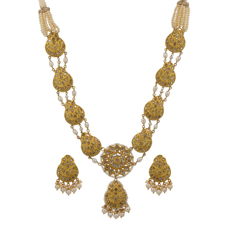 Gold Studded Natural Syndicate Polki Diamond & Stringed Pearl Long Necklace Set
