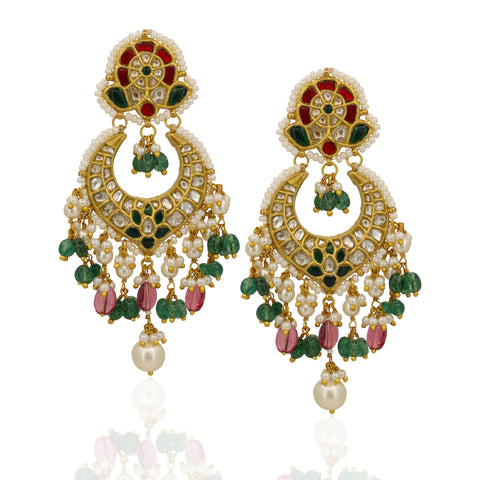 Gold Studded Natural Syndicate Polki Diamond & Emerald Ruby Chandbali Earrings