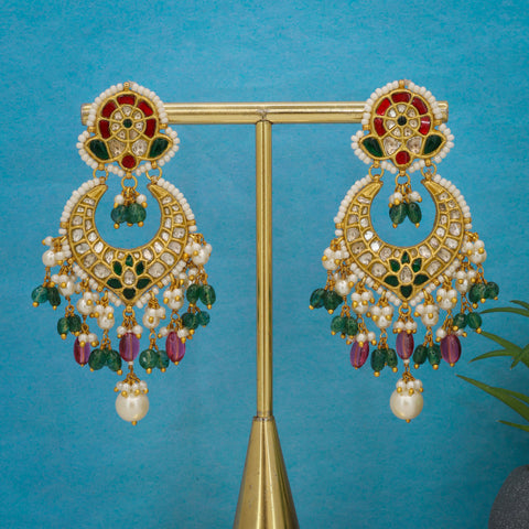 Gold Studded Natural Syndicate Polki Diamond & Emerald Ruby Chandbali Earrings