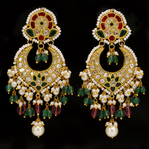 Gold Studded Natural Syndicate Polki Diamond & Emerald Ruby Chandbali Earrings