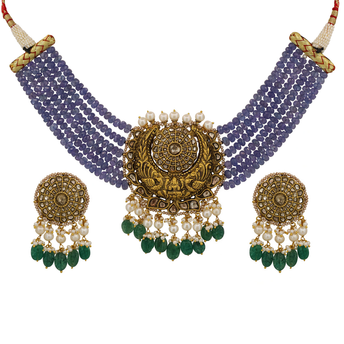 Polki Diamond & Tanzanite Bead Gold Necklace Set