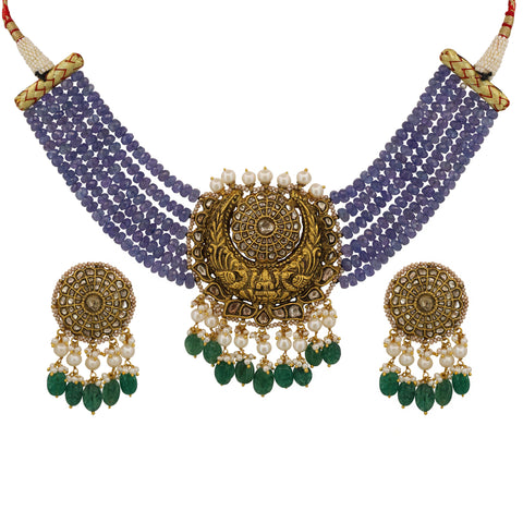 Polki Diamond & Tanzanite Bead Gold Necklace Set