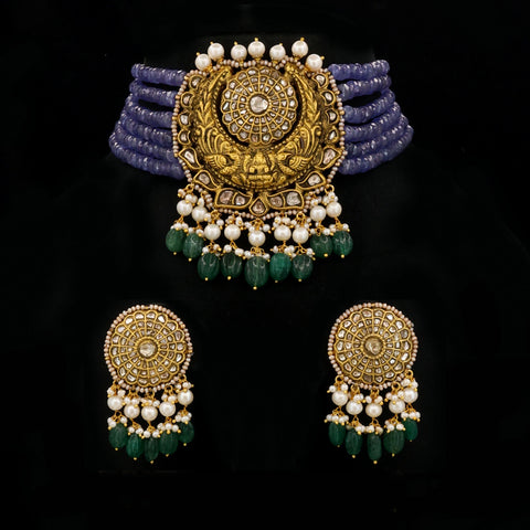 Polki Diamond & Tanzanite Bead Gold Necklace Set