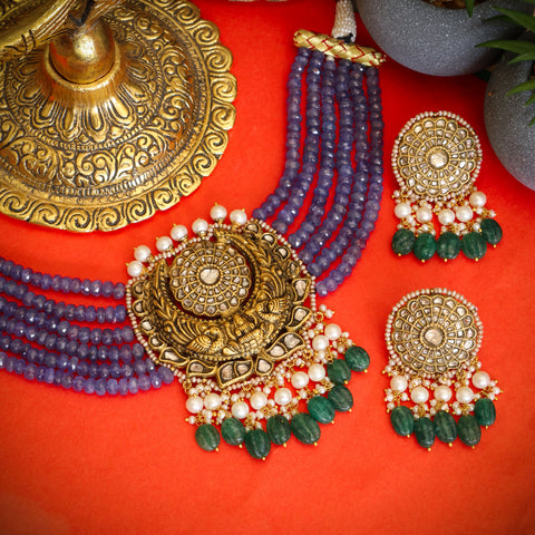 Polki Diamond & Tanzanite Bead Gold Necklace Set