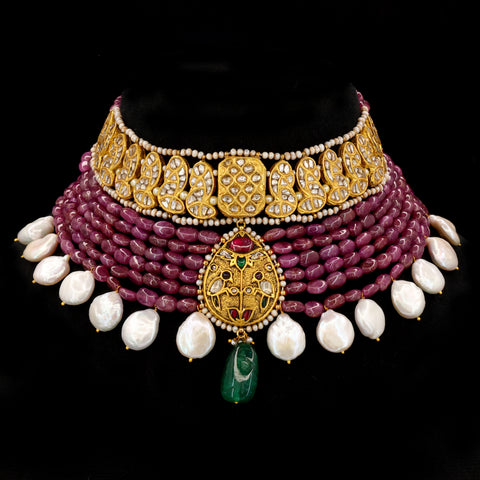 Polki Diamond Necklace with Ruby Strings and Coin Pearls Choker Necklace