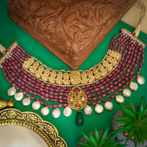 Polki Diamond Necklace with Ruby Strings and Coin Pearls Choker Necklace