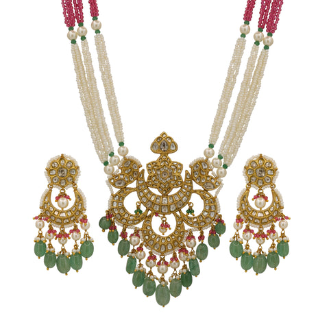 Natural Syndicate Polki Diamond Gold Pendant Set with Emeralds & Pearls