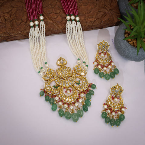 Natural Syndicate Polki Diamond Gold Pendant Set with Emeralds & Pearls