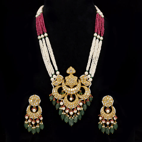 Natural Syndicate Polki Diamond Gold Pendant Set with Emeralds & Pearls