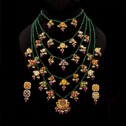Gold Navratna Pachlada Necklace Set with Glass-Filled Emerald & Ruby