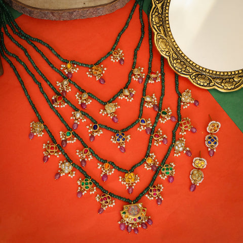 Gold Navratna Pachlada Necklace Set with Glass-Filled Emerald & Ruby