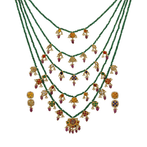 Gold Navratna Pachlada Necklace Set with Glass-Filled Emerald & Ruby