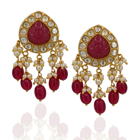 Gold Navratna Pachlada Necklace Set with Glass-Filled Emerald & Ruby