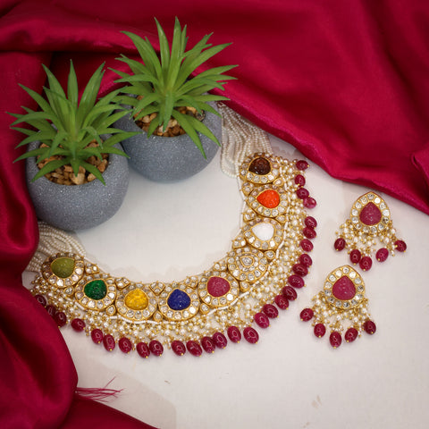 Gold Navratna Pachlada Necklace Set with Glass-Filled Emerald & Ruby
