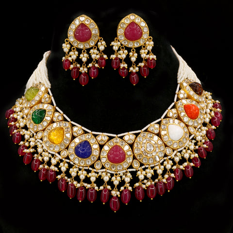 Gold Navratna Pachlada Necklace Set with Glass-Filled Emerald & Ruby