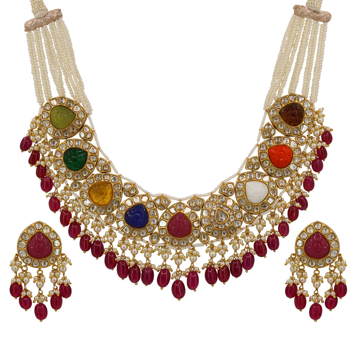 Gold Navratna Pachlada Necklace Set with Glass-Filled Emerald & Ruby