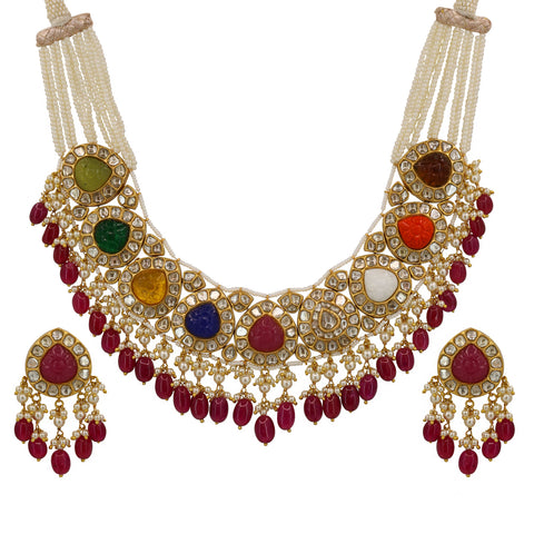 Gold Navratna Pachlada Necklace Set with Glass-Filled Emerald & Ruby