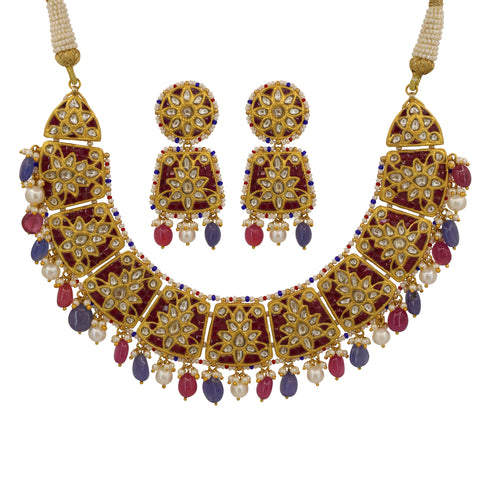 Gold Floral Syndicate Polki Diamond & Red Talap Stone Necklace Set